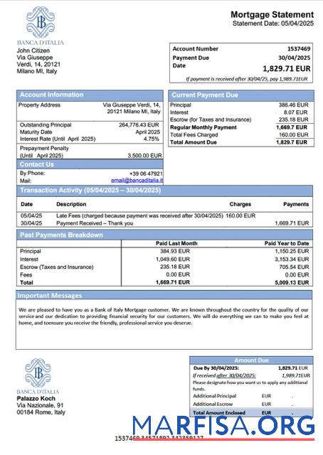 Blank Italy Bank of Italy mortgage statement Word and PDF template